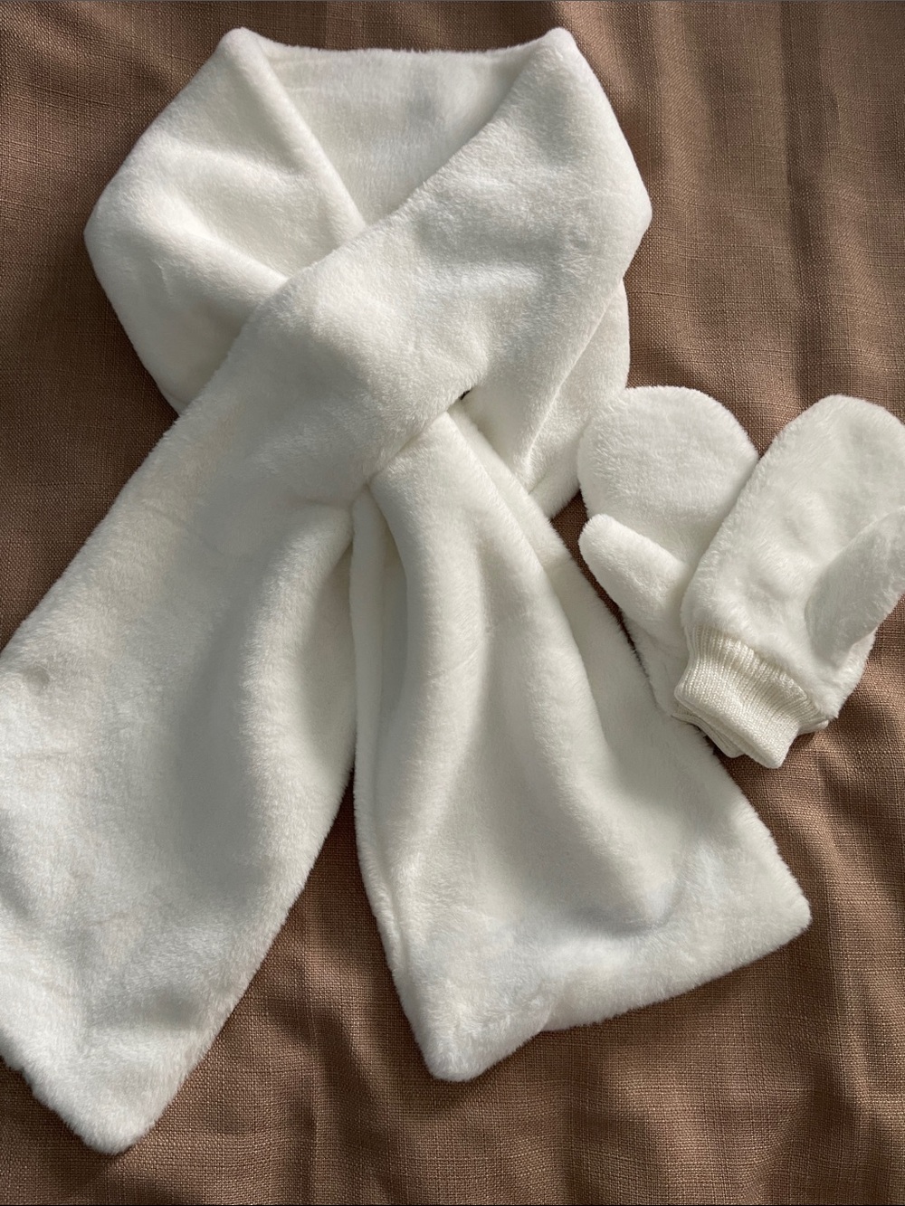Cozy Plush White Scarf with Matching Mittens